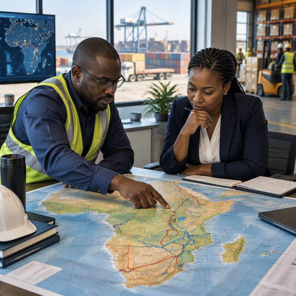Illustration of a team reviewing logistics routes